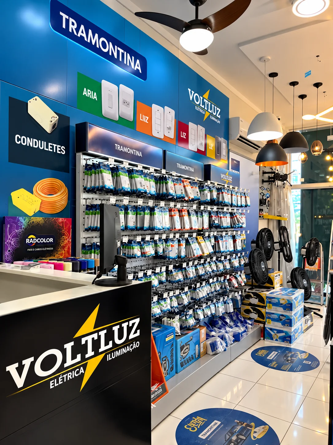 Setor Tramontina e variedade de materiais elétricos no interior da Voltluz